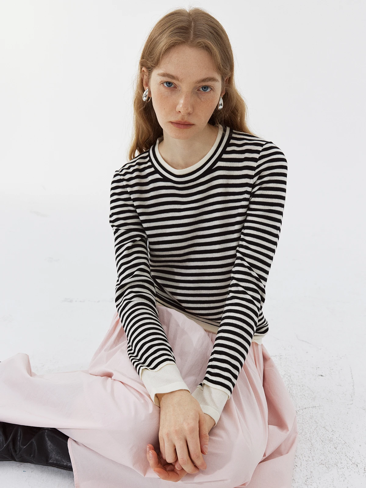 

Blank Label Women's Stripe Knitwear Long Sve Base Layer irt T-irt Top Overlap Fake Two-Piece Sle Autumn Winter Faion