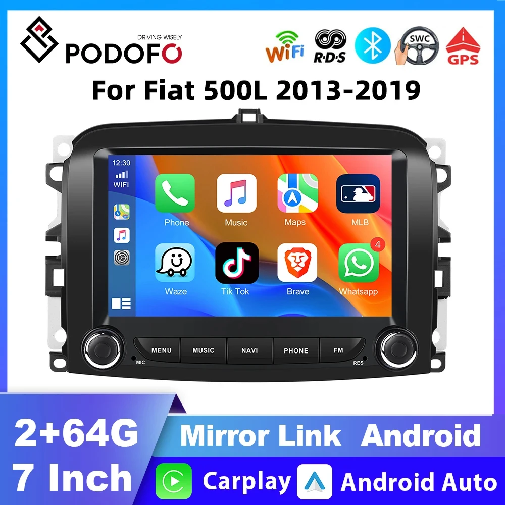 Podofo-Radio Multimedia con GPS para coche, reproductor con Android, 2 din, 7 pulgadas, 2 + 64 GB, audio estéreo, para Fiat 500L, 2013, 2014, 2015,