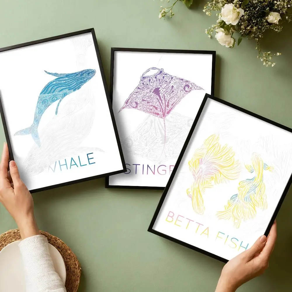 Marine Life Poster Stickers HD Painting Self-Adhesive Art for Bedroom Living Room Home Decor Modern Wall Decals Gift