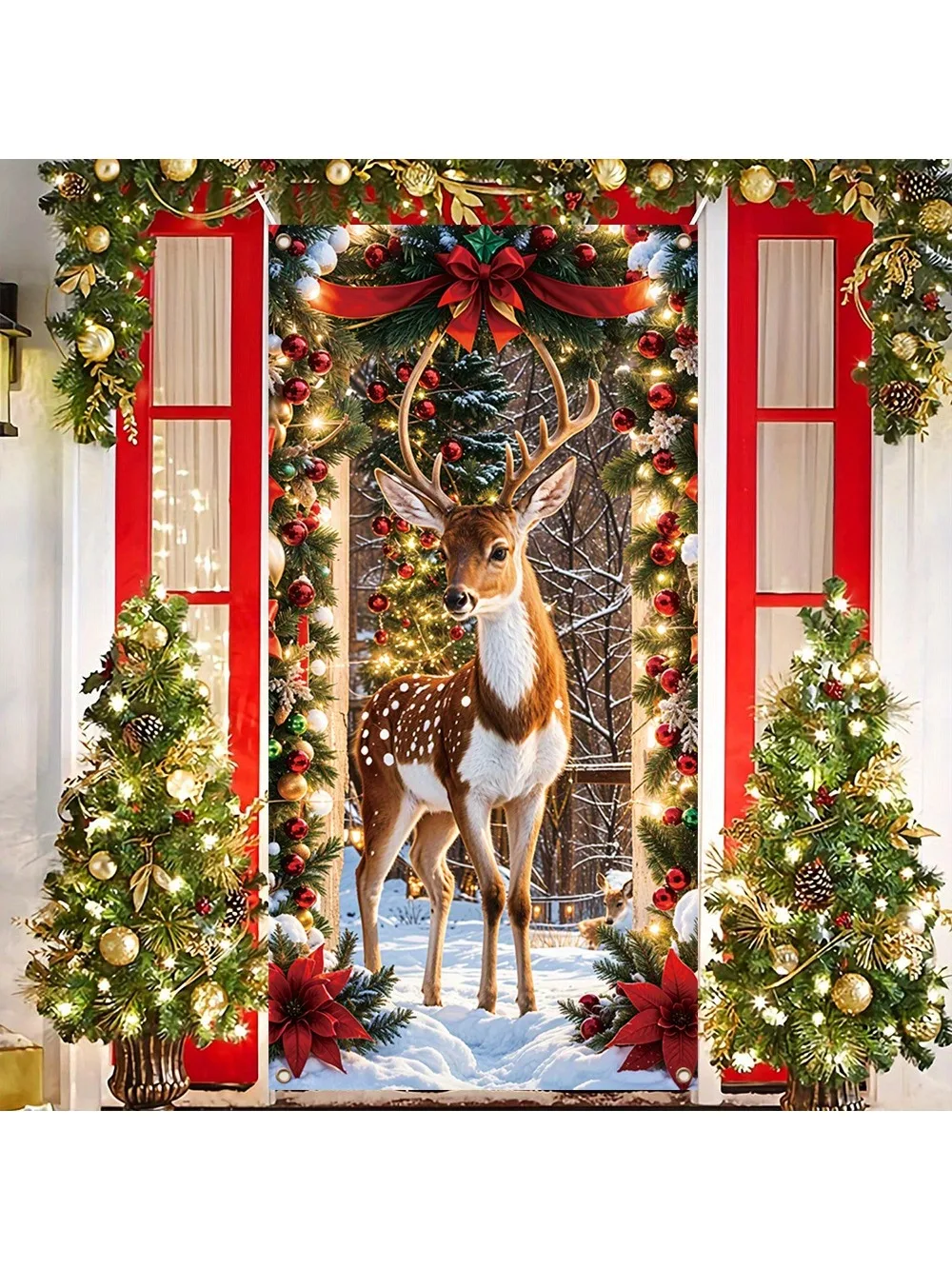 Merry Christmas Porch Banner-Winter snow with Sika deer pattern, indoor and outdoor holiday decorations, suitable for front door