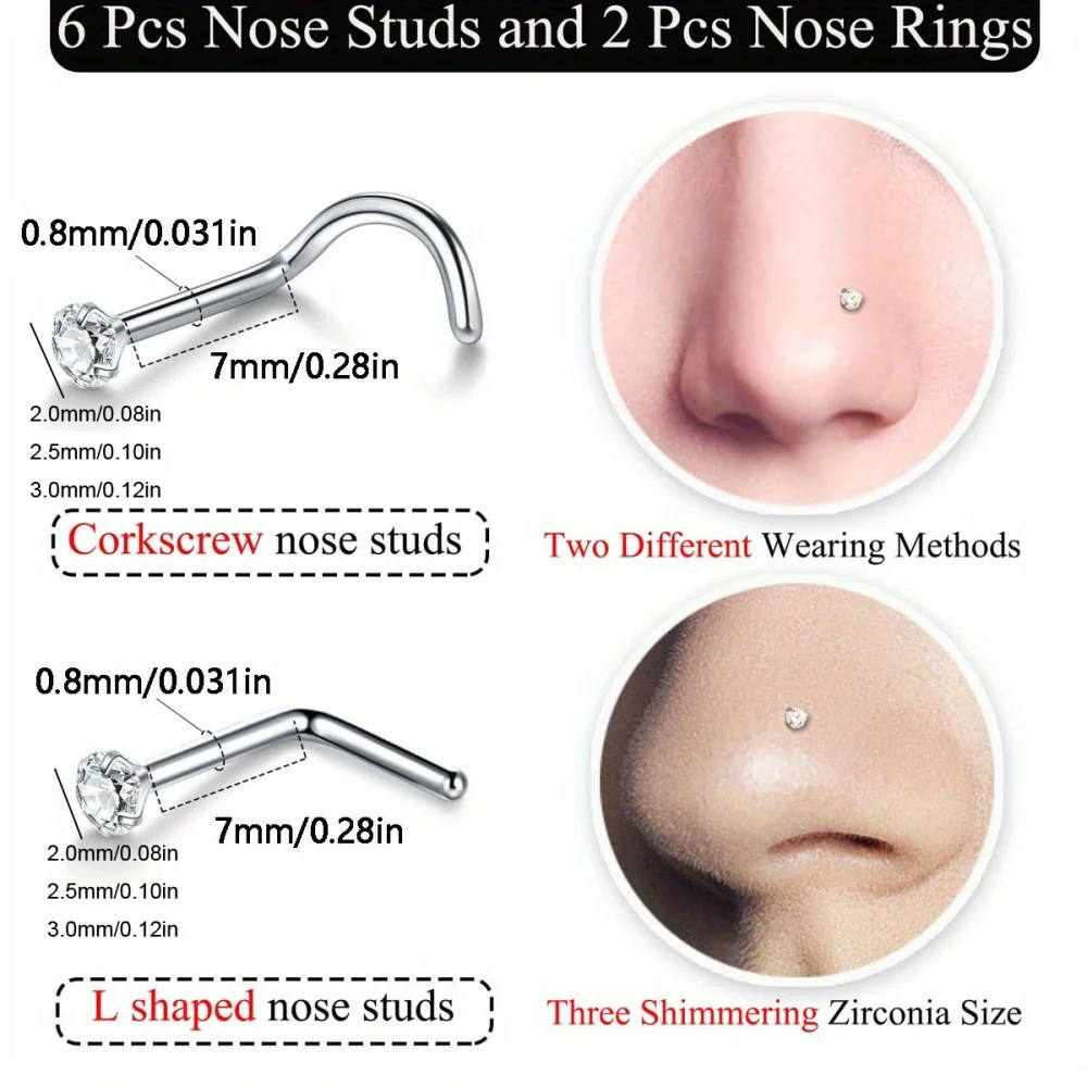 8Pcs Nose Rings Set L‑Shape Corkscrew CZ Nose Studs & Small Hinged Nose Hoops Stainless Steel Piercing Jewelry for Men Women