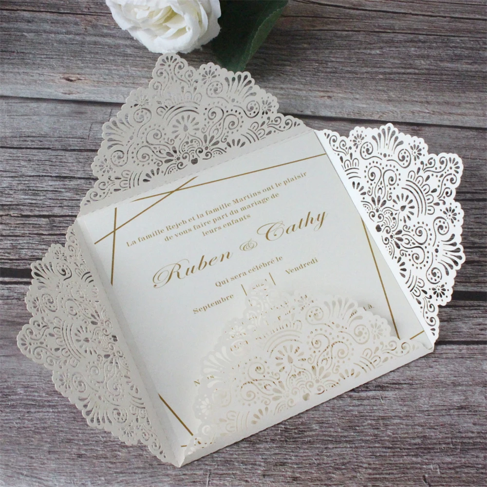 

Elegant Invitation Card For Wedding Celebration Birthday House Warming Lace Floral Laser Cutting Custom Invite Design 50pcs