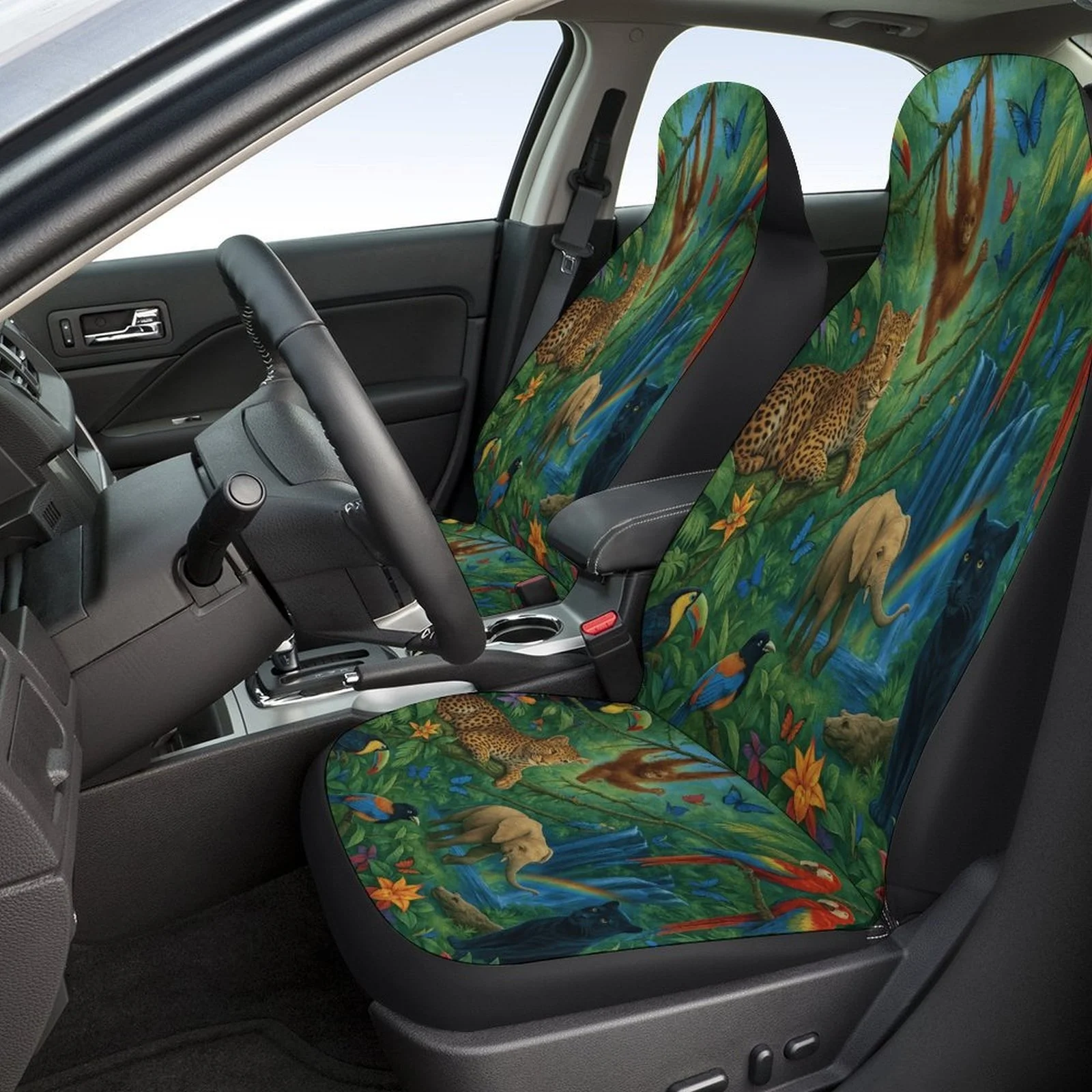 Car Seat Cover Set Featuring A Jungle Wildlife Theme, Suitable For Various Vehicles. This Trendy And Unique Set Includes Full Fo