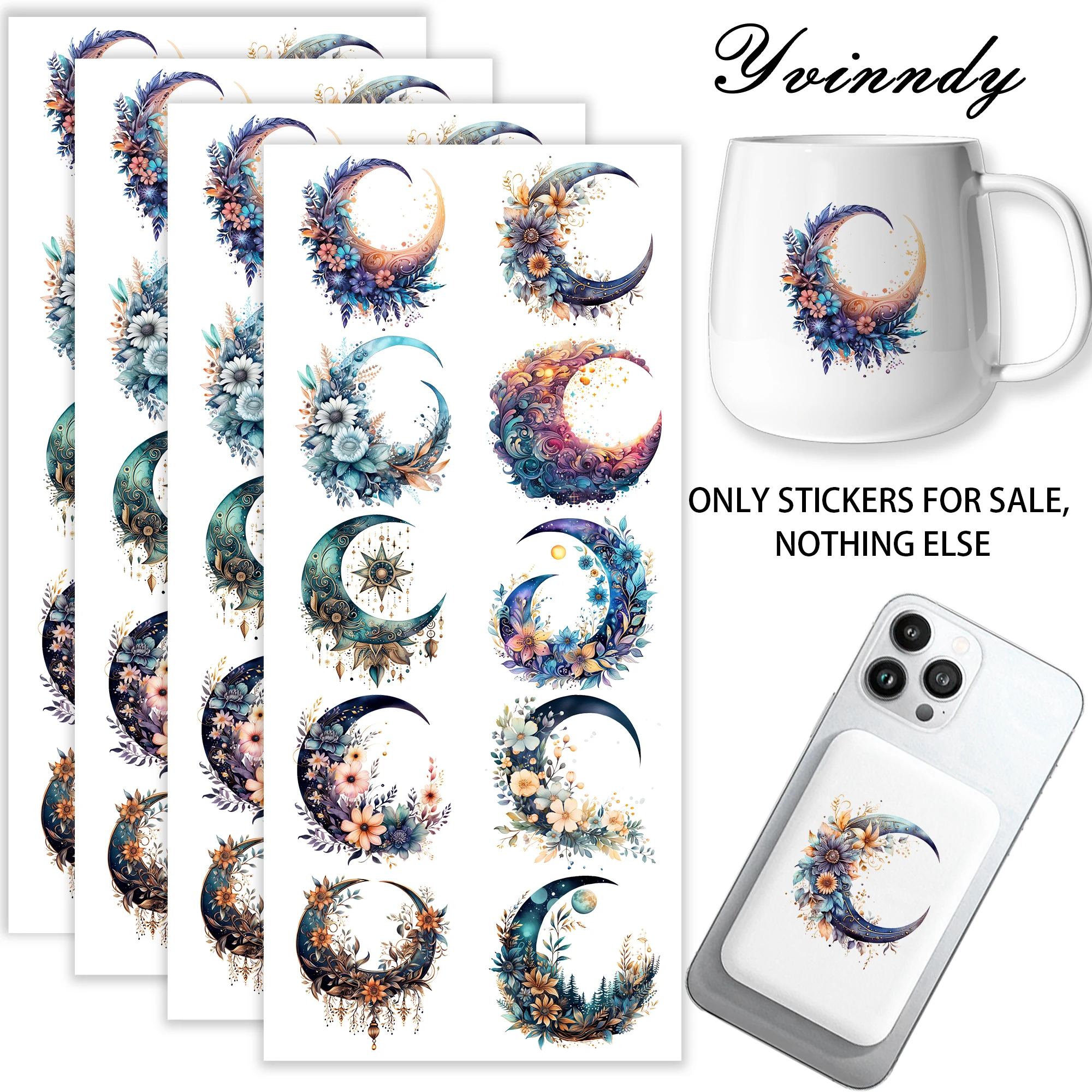 40 Stück/Sets mit Aquarellblumen und dem Mond, UV-DTF-Becheraufkleber – hochviskose UV-DTF-Becheraufkleber für 16OZ-Becher oder Tassen