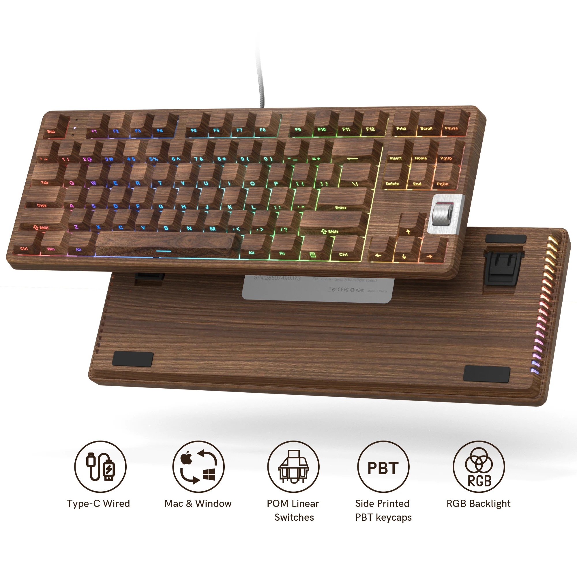 walnut wired keyboard com volume scroll wheel teclado mecanico para jogos rgb backlit hot swap junta para pc f87 01