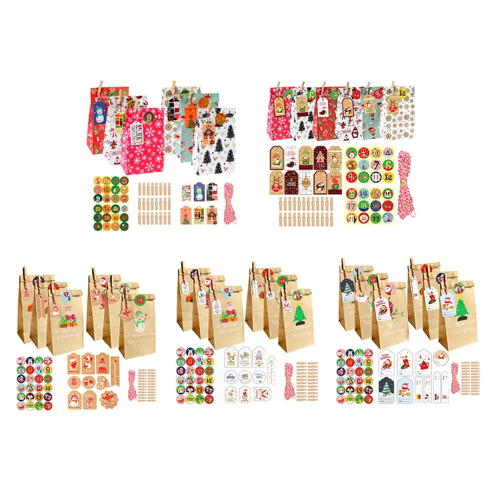 24set Colorful Christmas Gift Bag With Exquisite Patterns And Stickers Christmas Packaging Bag Paper