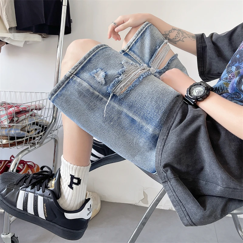 Baggy Jeans Men's Blue Shorts Streetwear Luxury Man Jeans Jorts Straight Trousers Wide Pants Ripped Clothing