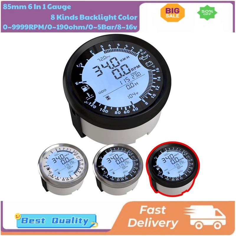 Marine 85mm Multifunction GPS Speedometers Tachometers Auto Fuel Level Gauges 8 Kinds Backlight Color Oil Pressure Meters 0-5bar