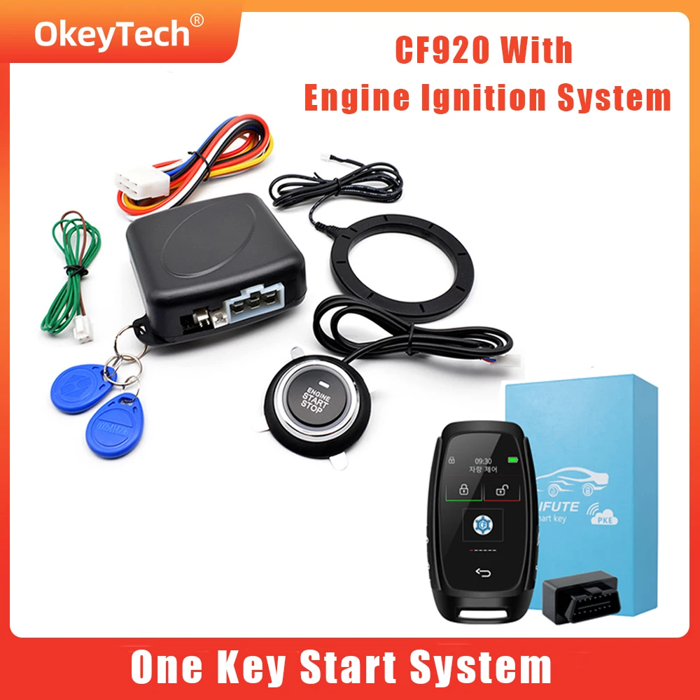 

OkeyTech 12V Auto Car keyless Entry Start System Universal one Start Stop Engine Push Button Vehicle Alarm PKE Remote Start Stop