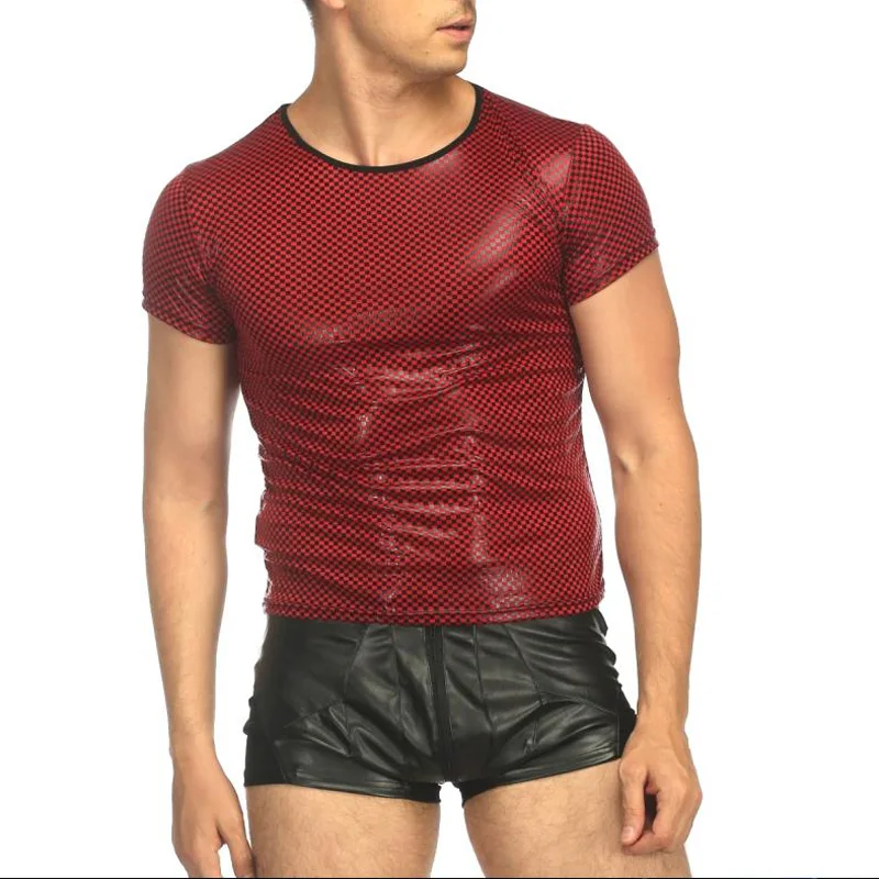 طاقم الرقبة تي شيرت بلايز سترة العضلات زي ملهى ليلي ارتداء كلوبوير حفلة قصيرة الأكمام سليم صالح براءات الاختراع والجلود