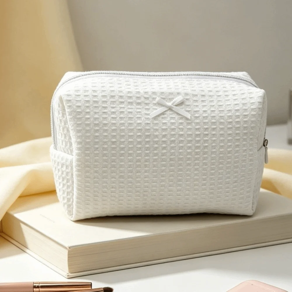 Essential Bow Decor Waffle Knit Makeup Bag Zipper Lightweight Cosmetic Bag Portable Polyester Toiletry Organizer Home