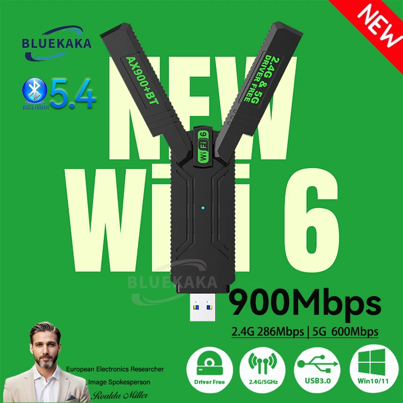 

2IN1 AX900 WiFi6 USB3.0 Adapter Network Card Wireless Bluetooth 5.4 Receiver Dongle Antennas For PC Laptop Win10/11 Driver Free