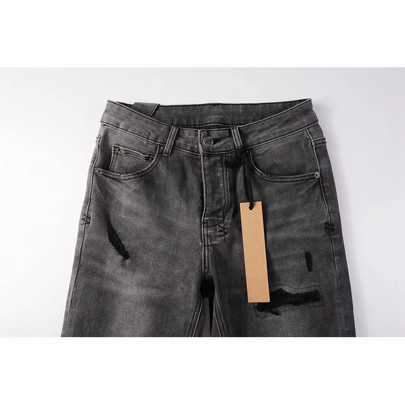 Pantaloni jeans strappati con bottoni di qualità con fori distrutti skinny elasticizzati grigio cenere effetto consumato High Street da uomo