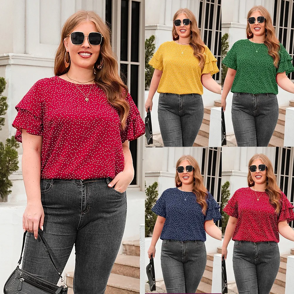 

Women Short Sleeve T Shirt Polka Dot Loose Fit Round Neck T Shirts Geometric Print Streetwear Casual Tee Red Crop Polyester Top
