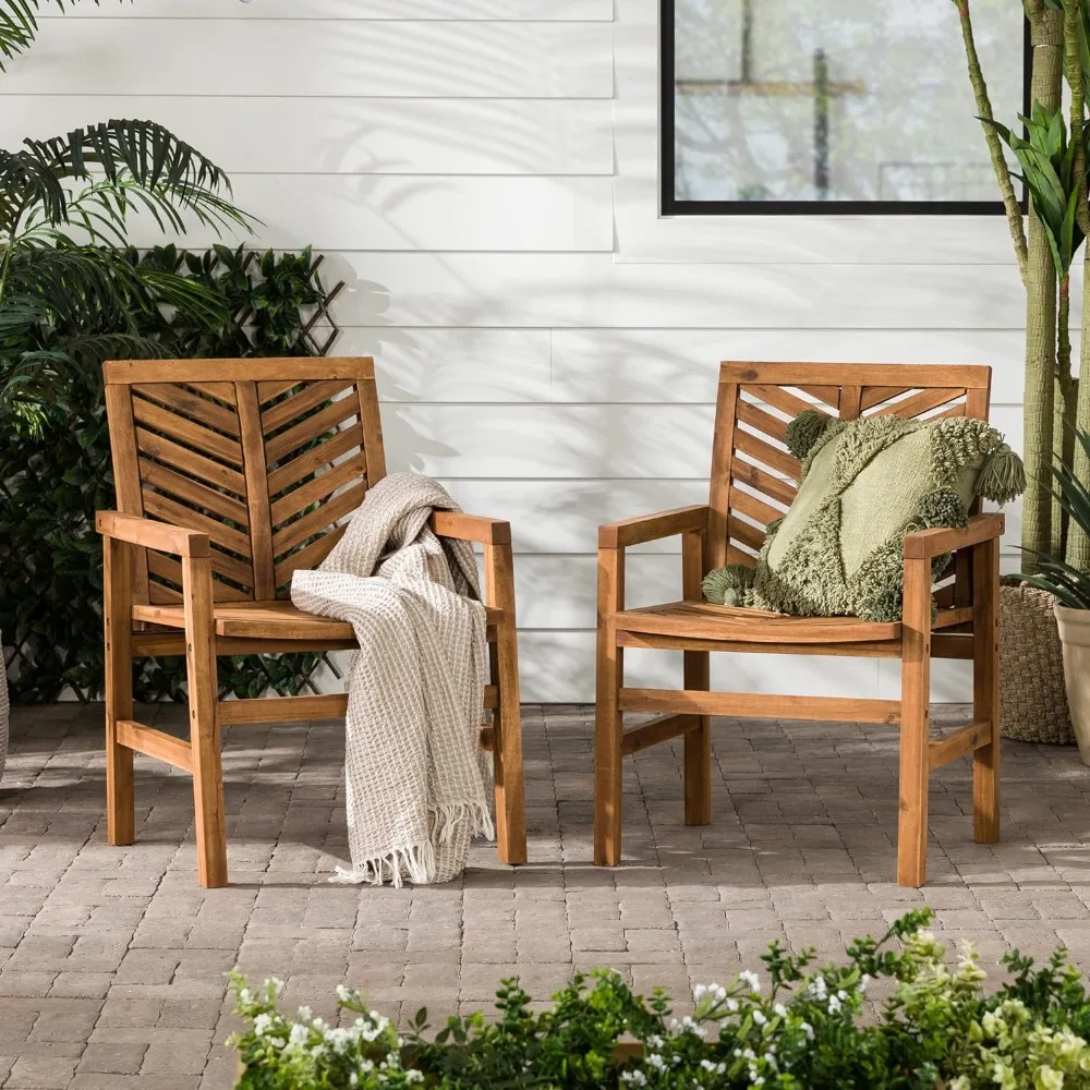 

2 Piece Outdoor Patio Chevron Wood Chair Set All Weather Backyard Conversation Garden Poolside Balcony, Set of 2, Brown