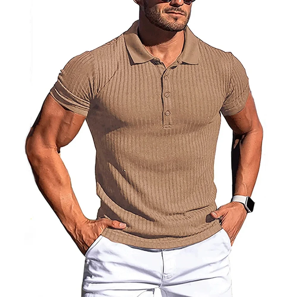 New Summer Men's Pole Solid Color Striped Fitness Short Sleeve Polo Shirt Men's Fashion Stand Collar Men's Shirt Texture