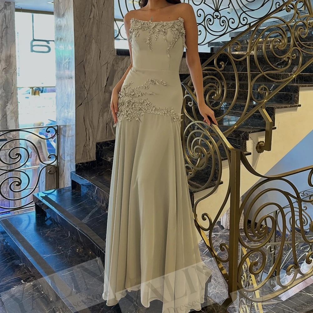 

Women's A-line Evening Dresses Floor-length Strapless Sleeveless Prom Dresses Fashion Crystal Flowers Draped Customized Gowns