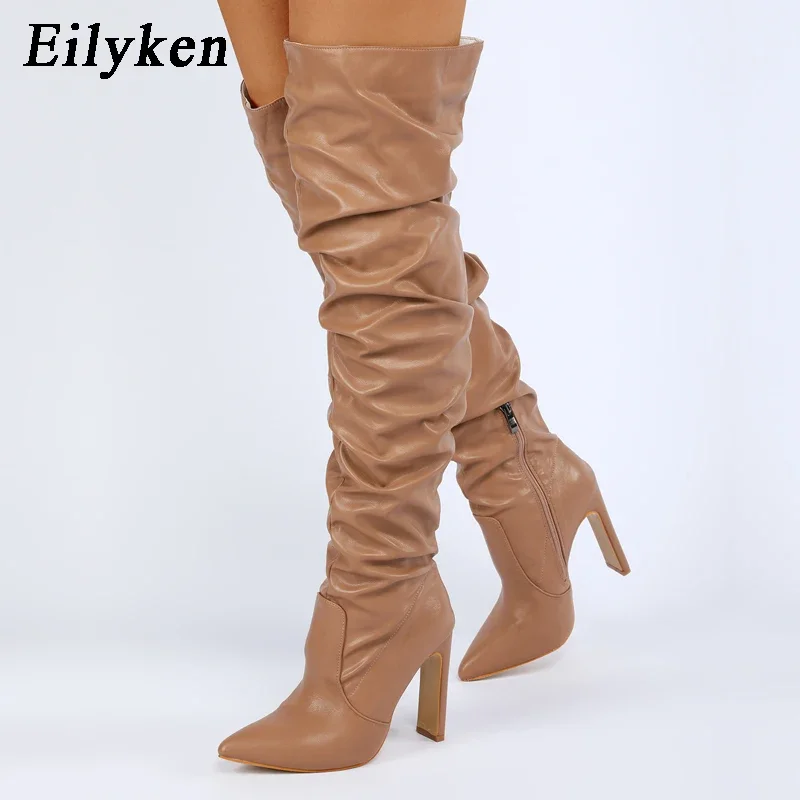 Eilyken Retro Winter Women Long Knee-High Boots Pleated Square High Heel Sexy Zipper Party Nightclub Lady Shoes