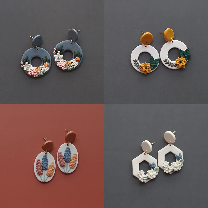 Handmade Crafts Ring Arch Flower Knot Floral Multi Colors Shapes Daisy Polymer Clay Pattern Earring Dangle Sets Women Jewelry