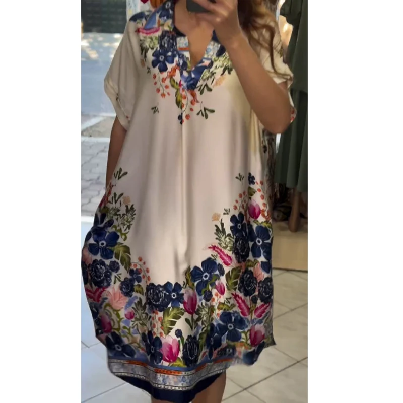 Elegante Blumen Gedruckt Party Kleid Plus Größe Frauen Robe V-ausschnitt Lose Strand Urlaub Kleid Frauen Casual Kurzarm Midi Kleid