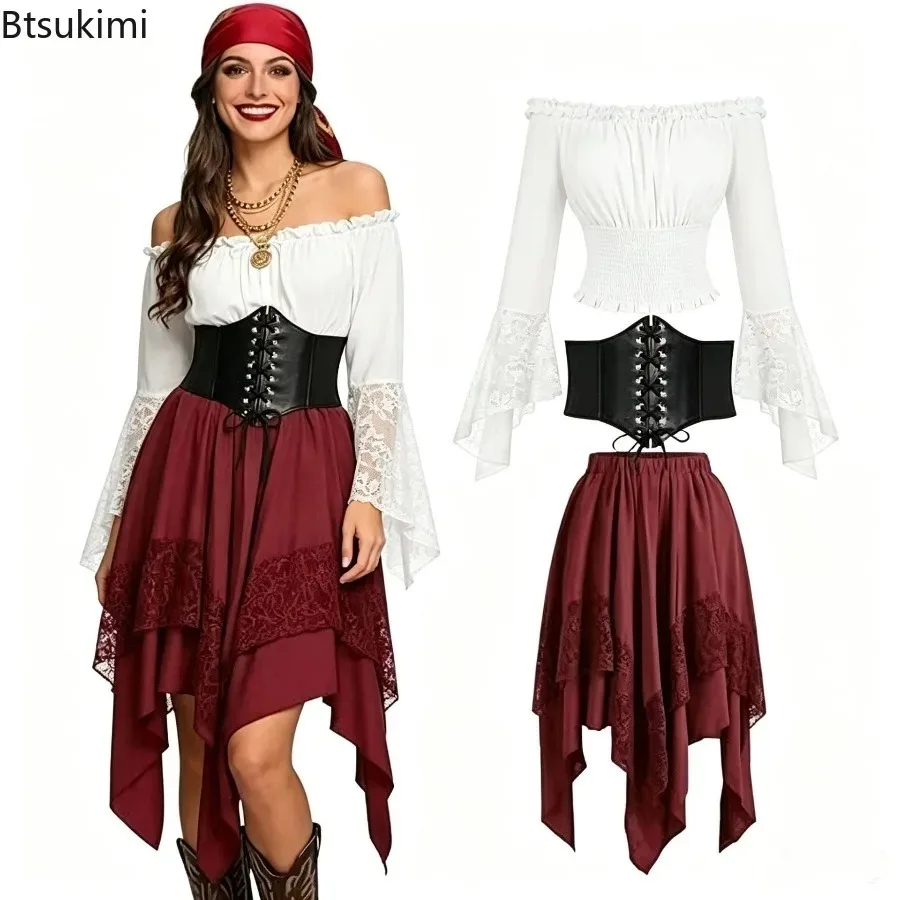 Falda Asimétrica de Estilo Renacentista para Halloween, Vestido Largo de Cola de Hada, Hecho a Mano, con Empalme Elástico, Estilo Vintage, Conjunto de Falda Pirata para Mujer