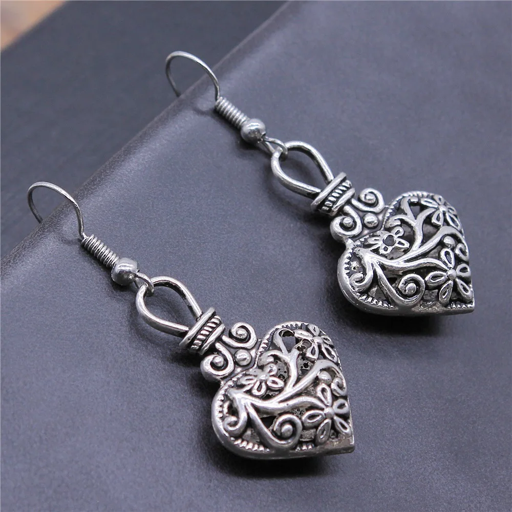 Women Vintage Drop Earrings Fashion Handmade Simple Design 2 Colors Vintage 3D Hollow Flowers Heart Pendant Earrings