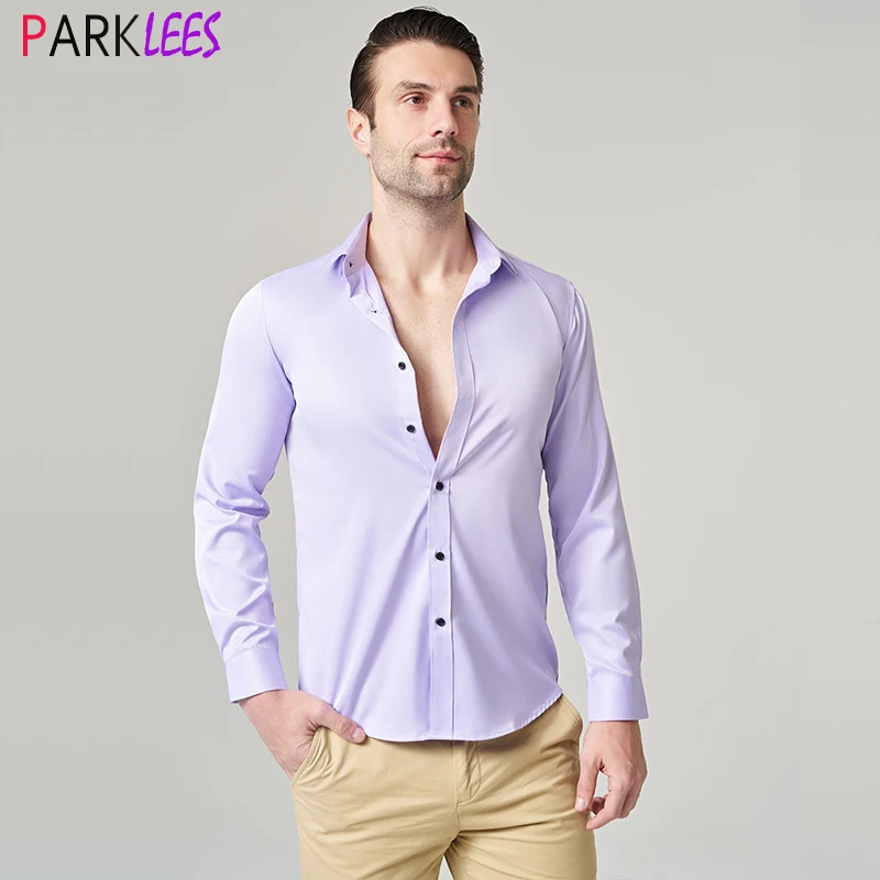 

Mens Formal Stretch Dress Shirts 2024 Brand New Wedding Prom Long Sleeve Slim Fit Button Down Shirt Men Wrinkle Free Shirt Male