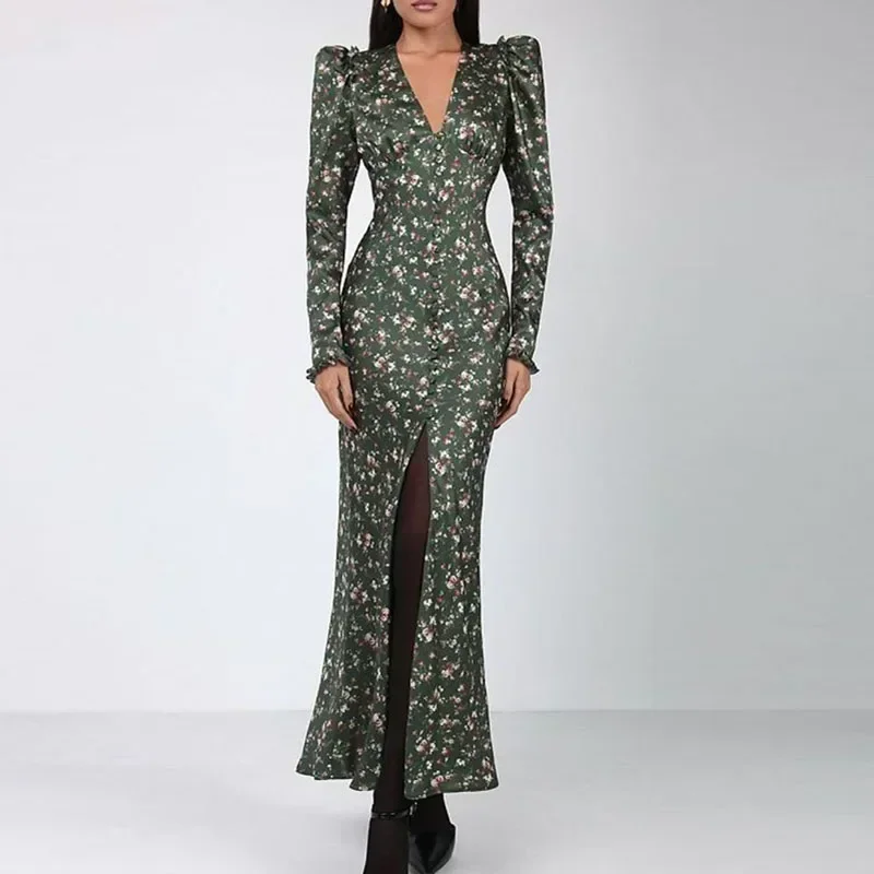 

New Ladies Elegant High Waist Split Wrap Hip Dress Fall Casual Long Sleeve Dresses Sexy V-neck Flower Print Robe Dress