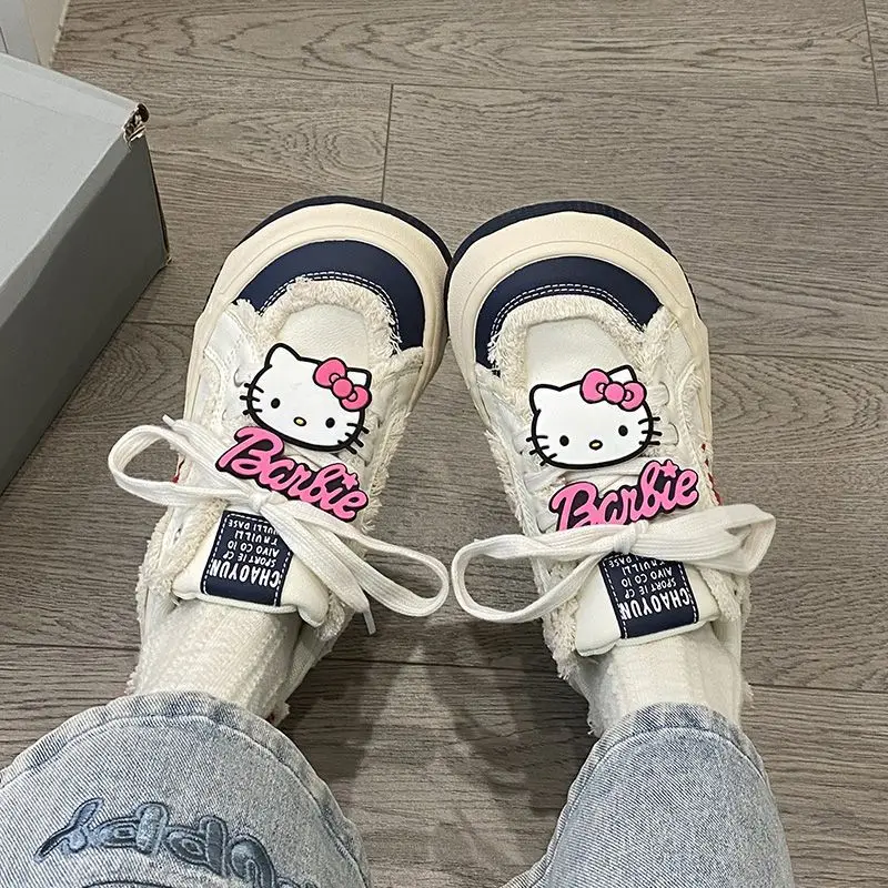 Sanrio HelloKitty Women Platform Sneakers Cartoon Lace Up Flat Outdoor Comfortable Running Sports Shoes Tennis Jogging Sneakers