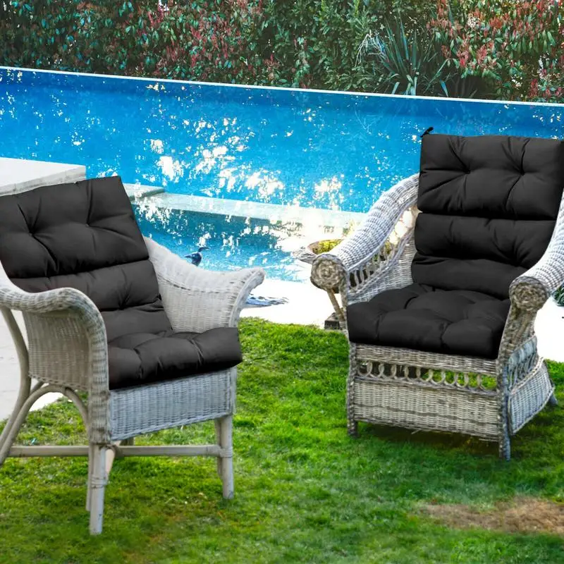 Tufted Outdoor Patio Chair Cushion, Woven Suede Bedford Cord Seat Pad With Ties, Three Fold Design For Garden Furniture, Black, 22 X 44 Inch