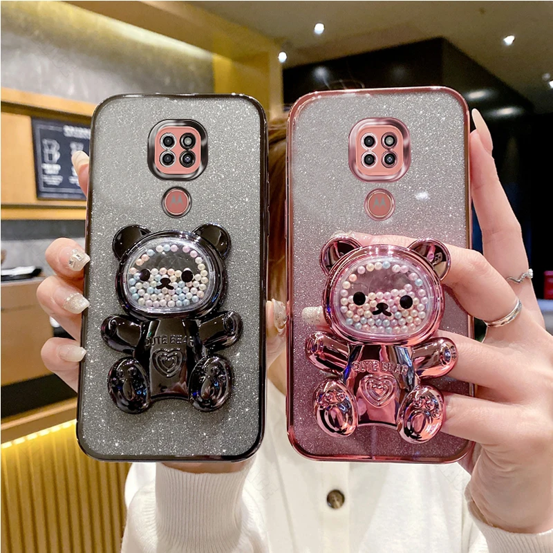 G 9 Glitter Bling Bear Silicone Phone Holder Case On For Motorola Moto G9 Play Plus Power MotoG9Play Girl Woman Stand Back Cover