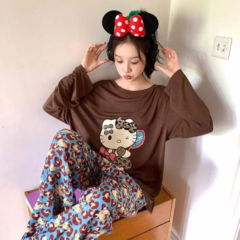 Sanrio nouveau pyjama mignon Hello Kitty imprimé léopard pyjamas fille printemps et automne Style manches longues ensemble maison vêtements pyjamas