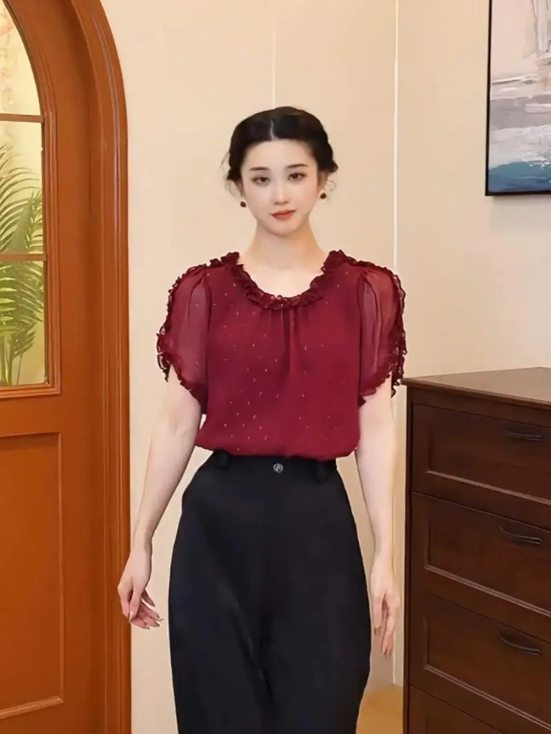 Tops casuais versáteis para o verão novo estilo retrô solto estampa doce jacquard chiffon camisa top para mulheres