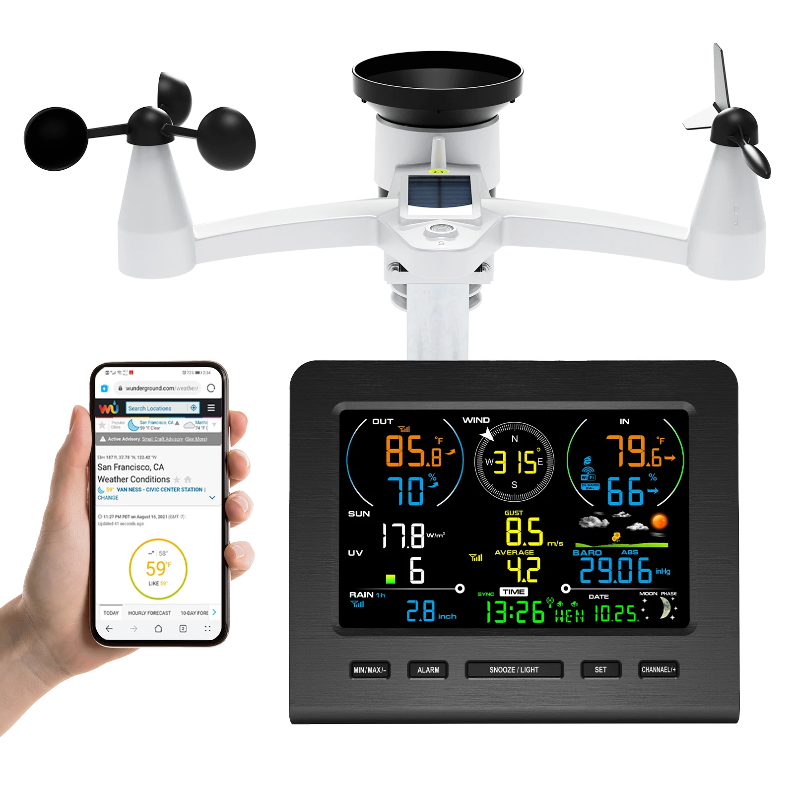 8-in-1 WiFi Wireless Weather Station with Solar Power Mobile App Indoor/Outdoor Weather Monitor Forecast Rain/Wind/UV Sensor