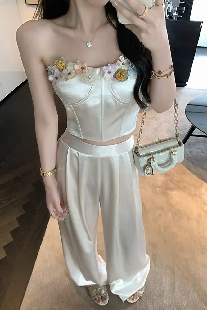 

2025 Summer Fluid Satin Coordinates Flexible Boned Bandau Top Palazzo Set Subtle Provocative Floral Motif