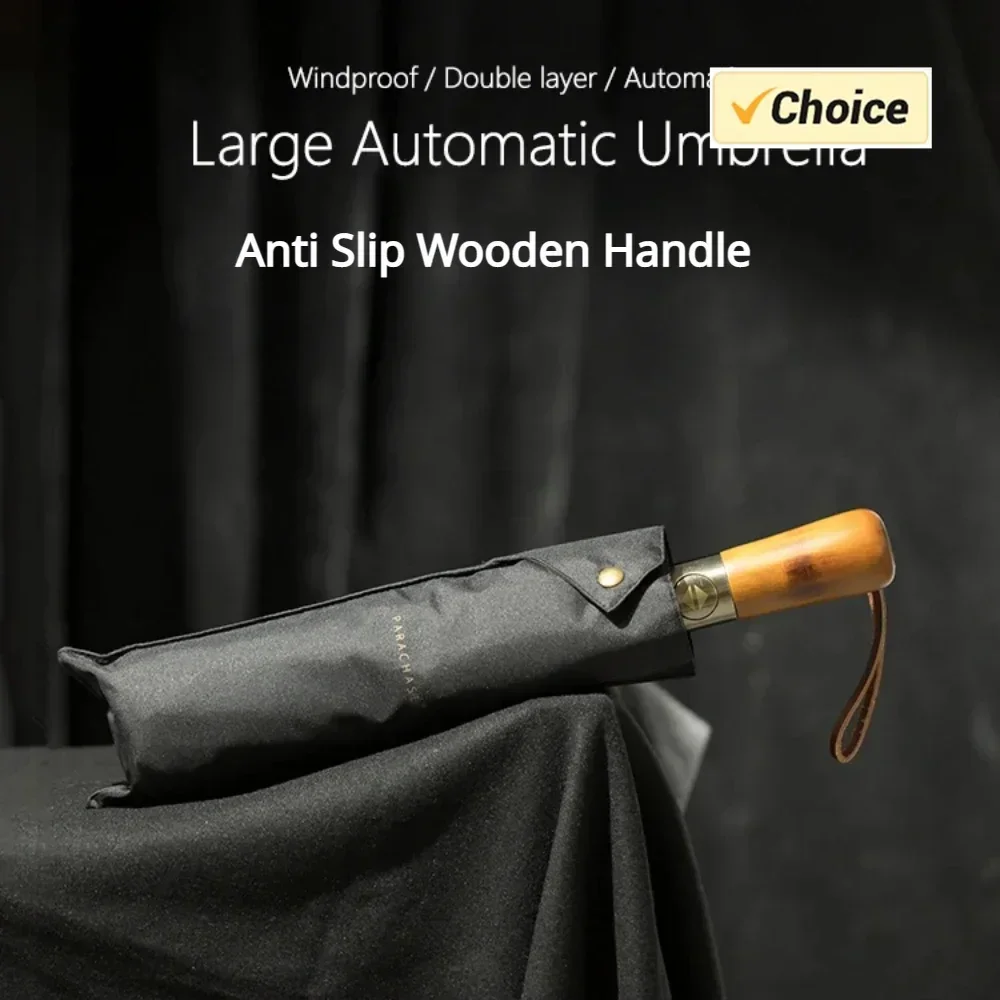

Fully Automatic Wooden Handle Umbrella Men'S Portable Business Umbrellas Advanced Automatic Umbrella Black Sunscreen Umbrellas