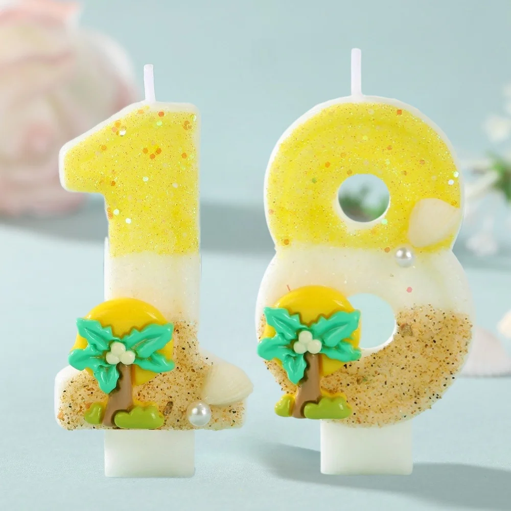 New Number Cake Candle Coconut Tree Ocean Glitter Birthday Candle 0 1 2 3 4 5 6 7 8 9 3D Number Topper Birthday Party Cake Decor view 2