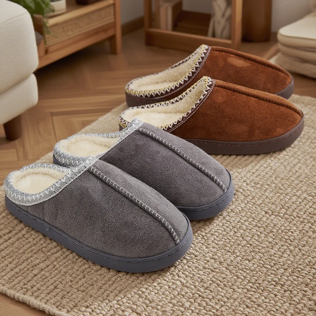 Thick Plush Winter Warm Men's Cotton Slippers Indoor Flat Shoes Fashionable Outwear Thick Male Home Slippers Autumn and Winter