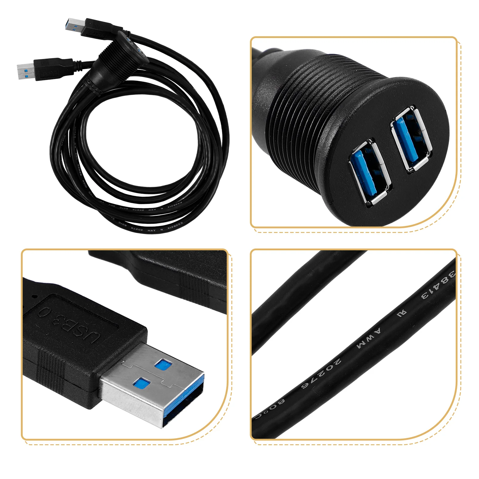 Dual USB30 Flush Mount Cable USB 30 Extension Wire Dash Mount Panel Mount Cable