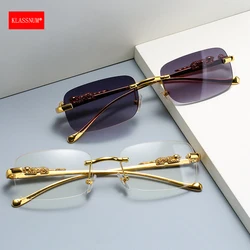 KLASSNUM Women Men Rimless Rectangle Sunglasses Metal Leopard Head Luxury Dsign Sun Glasses Color Lens Anti UV400 Shades 2026
