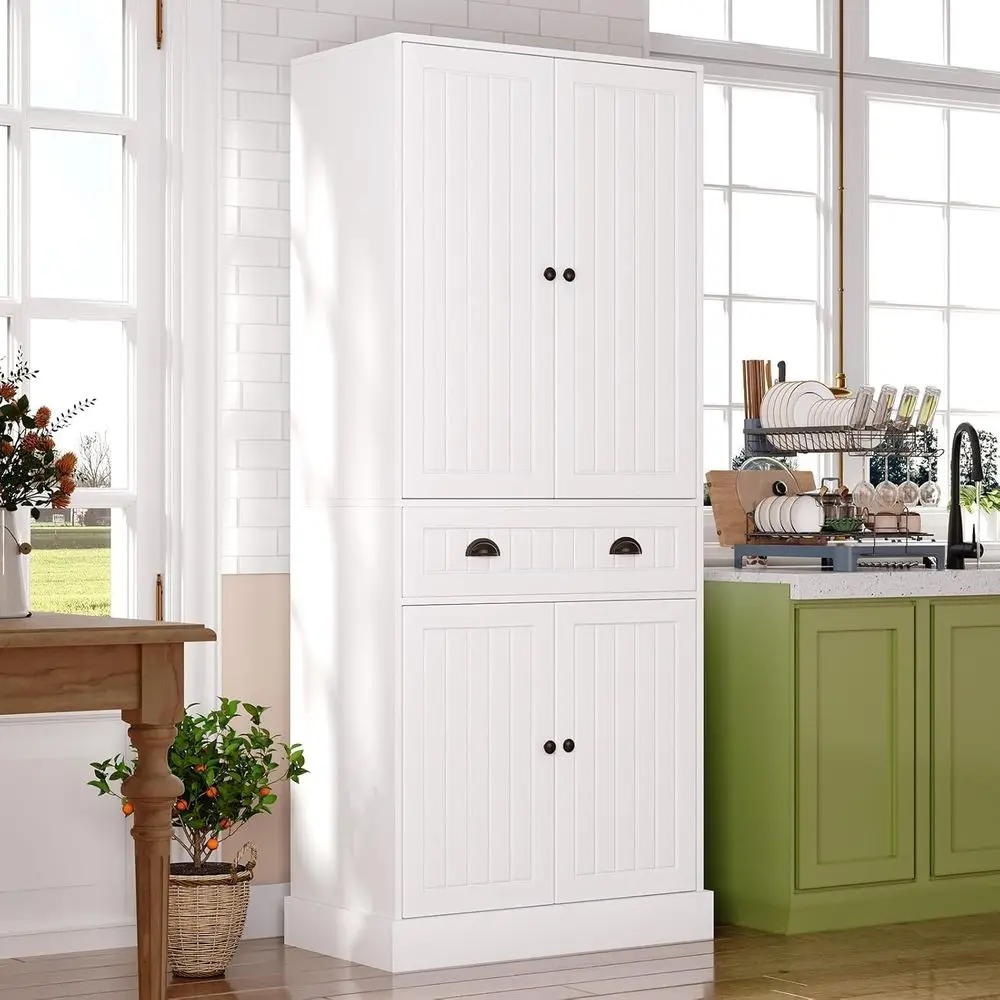 

Rustic Wooden Tall Pantry Cabinet with Adjustable Shelves for Kitchen, Dining, and Living Room in White