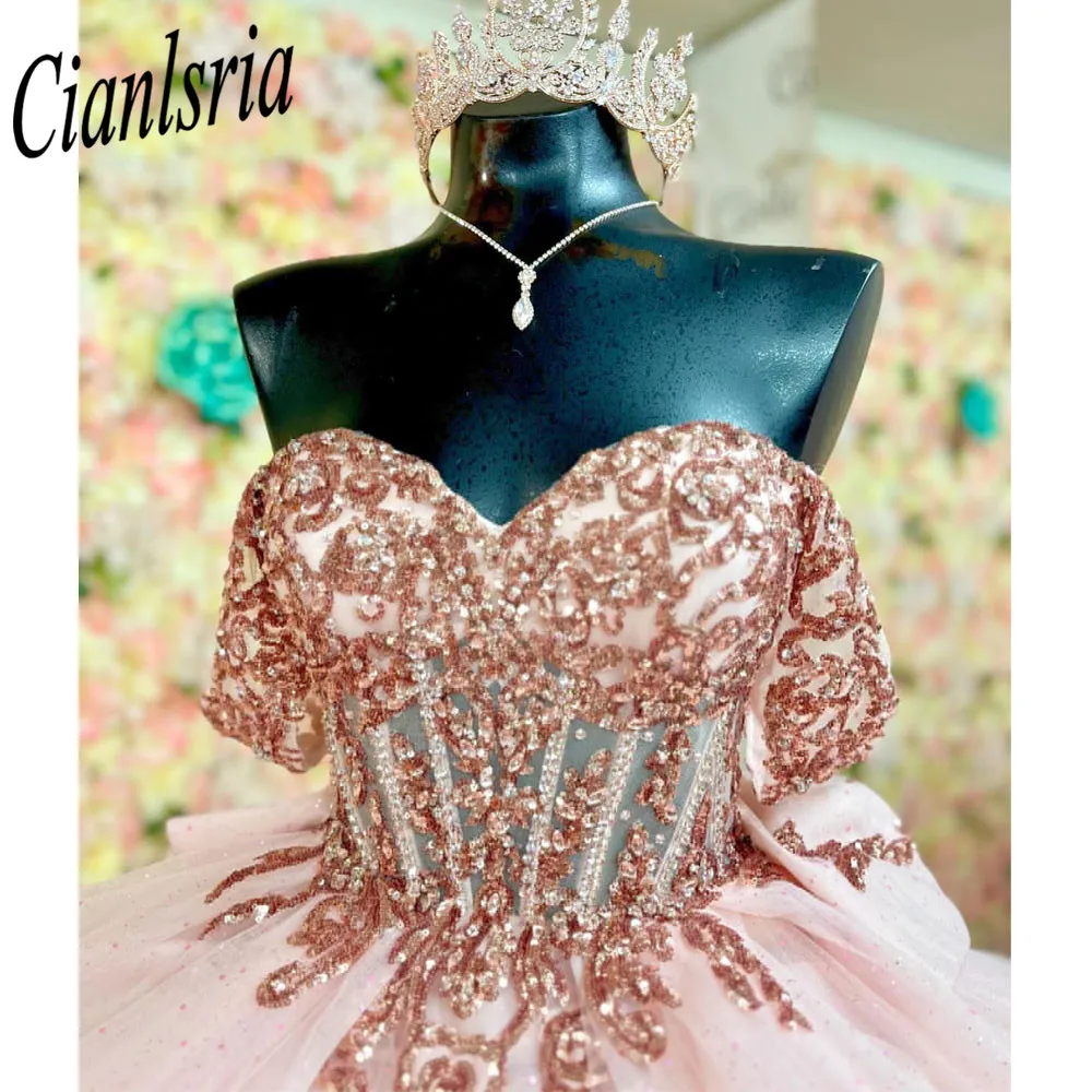 Vestido De quinceañera con lazo y hombros descubiertos, vestido De baile De ilusión, apliques De lentejuelas, abalorios, rosa, 15 Años, 2024