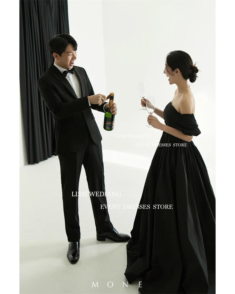 Lism elegante schwarze a-Linie Korea Abendkleider Fotoshooting träger lose einfache Taft Hochzeit Ballkleid formelle Party kleider