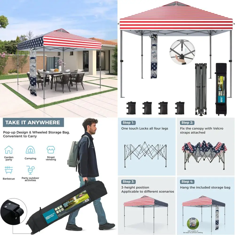 

Палатка-шатер 10x10 футов с легкой установкой, вентилируемой крышей, сумкой на колесах, 4 веревками и мешками с песком - Американский флаг