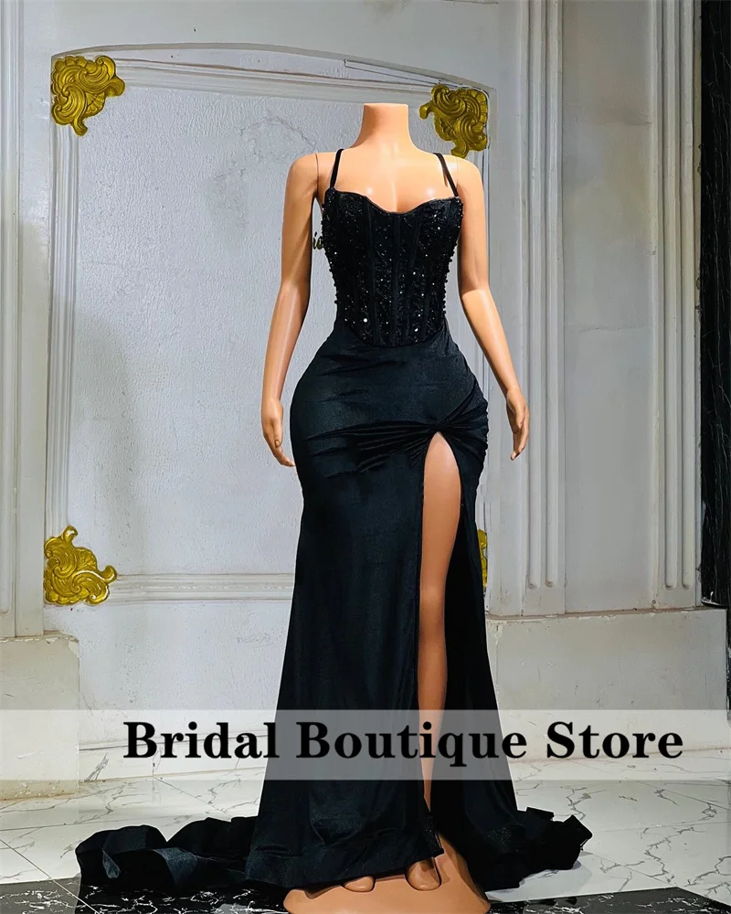 Exquisite Black Evening Dresses With Two Gloves Velvet Beaded Lace Wedding Party Senior Prom Gowns Bridemaid Customized