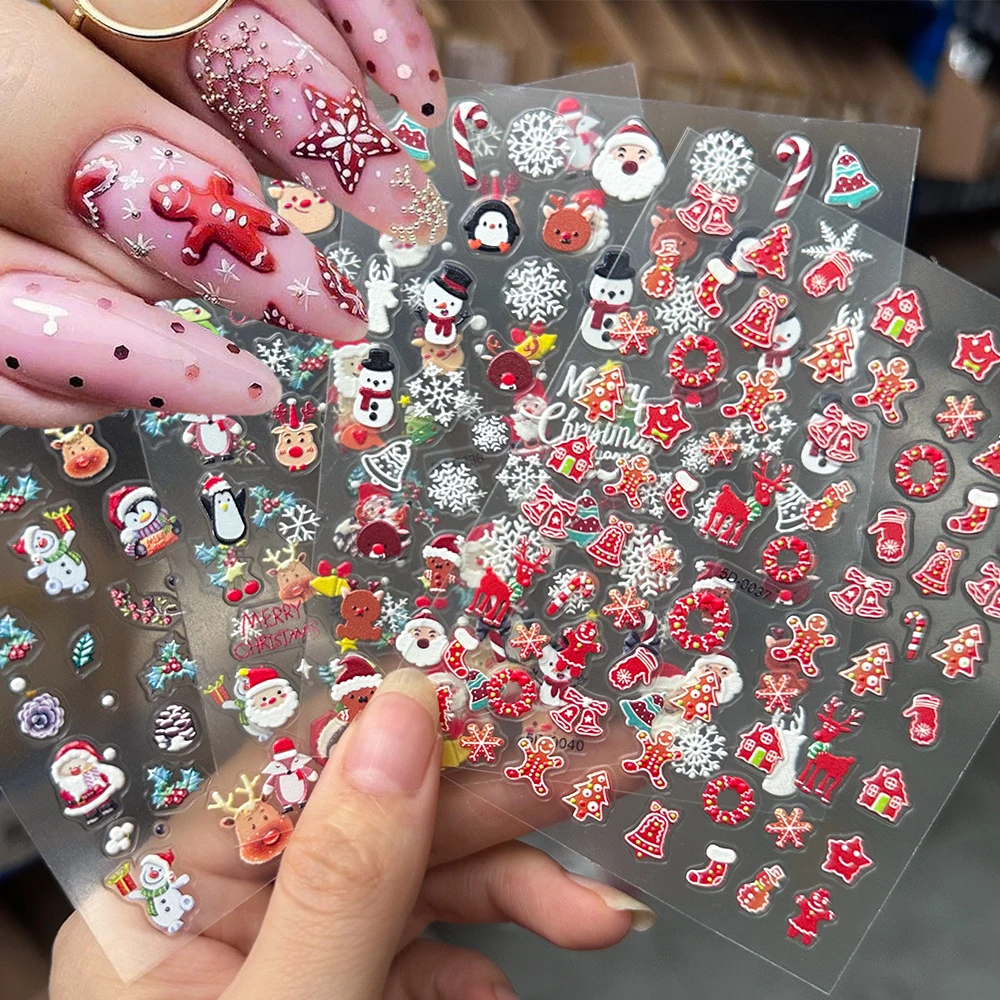 1pcs 5D Red Gingerbread Man Snowflakes Christmas Nail Stickers Cute Snowman Santa Claus Winter Nail Decals Manicure Decorations