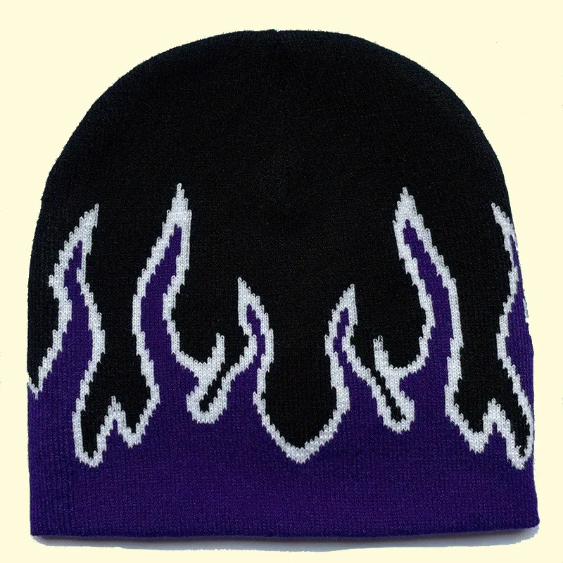 

2025New Winter Outdoor Warm Needle Knitted Cap Flame Pattern Wool Hat Street Skull Hat Anti -cold Cotton Hat Hip-Hop Bonnet Caps