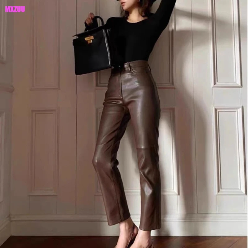 Genuine Stretch Leather Pants for Women Autumn Winter Maillard Color Soft Sheepskin Slim Casual Pencil Pants Cropped Trousers