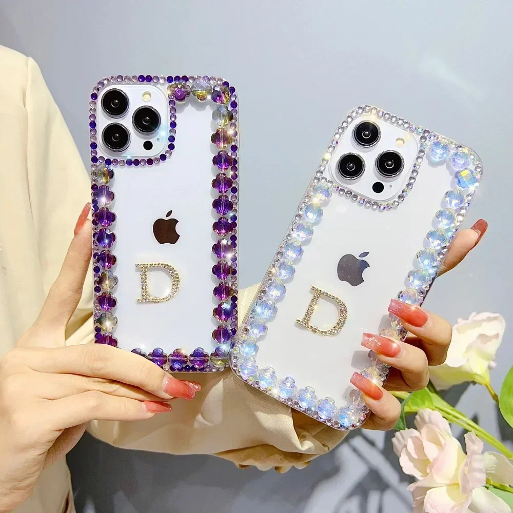 

Crystal Phone Case for iPhone 16, Colorful Rhinestone Clear Cover, Luxury Letter Clubs Flowers, 15, 14, 13, 12, 16Pro Max