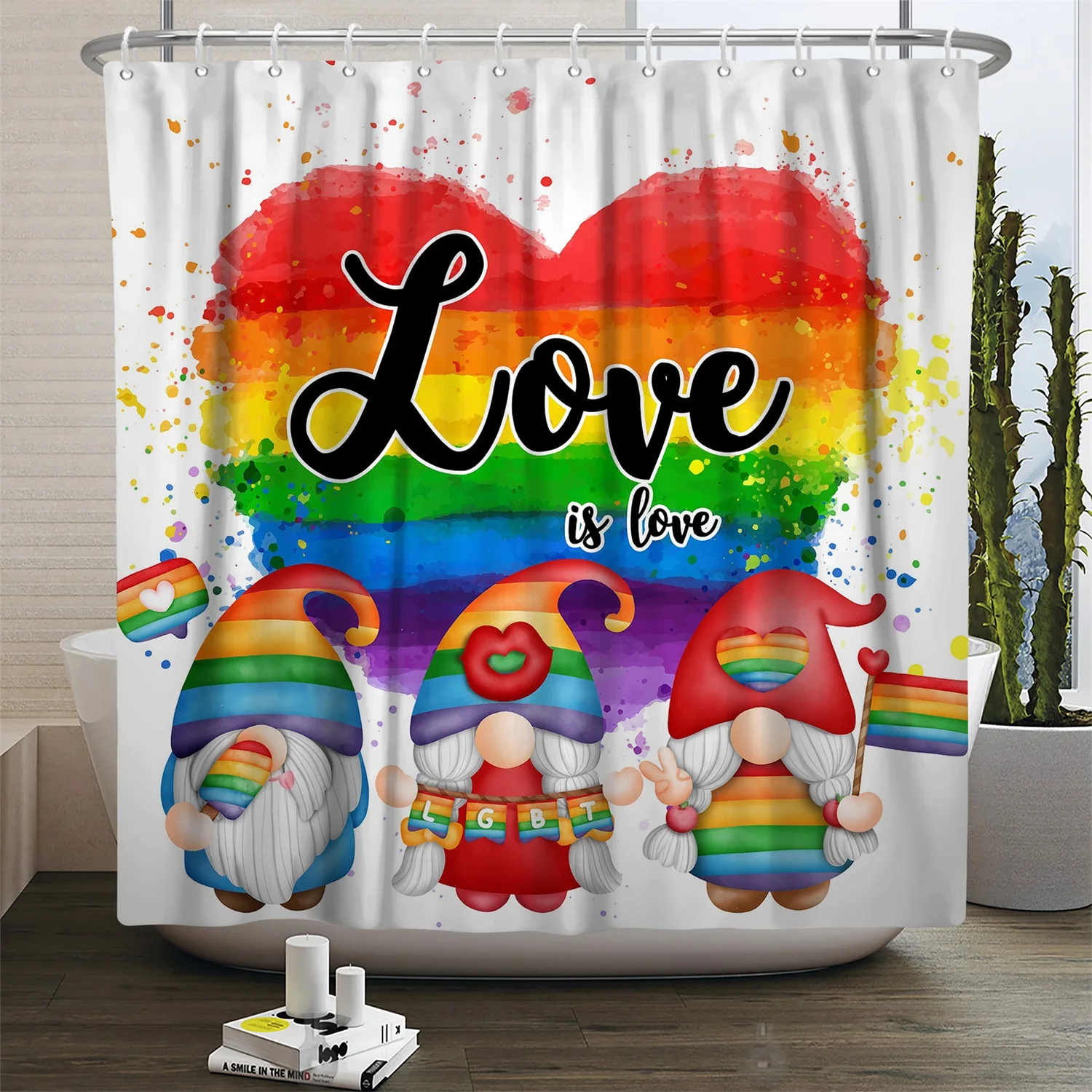 Rainbow Shower Curtain Love is Love Colorful Heart Shaped Bathroom Waterproof Bathtub Partition with Hooks Opaque Shower Curtain